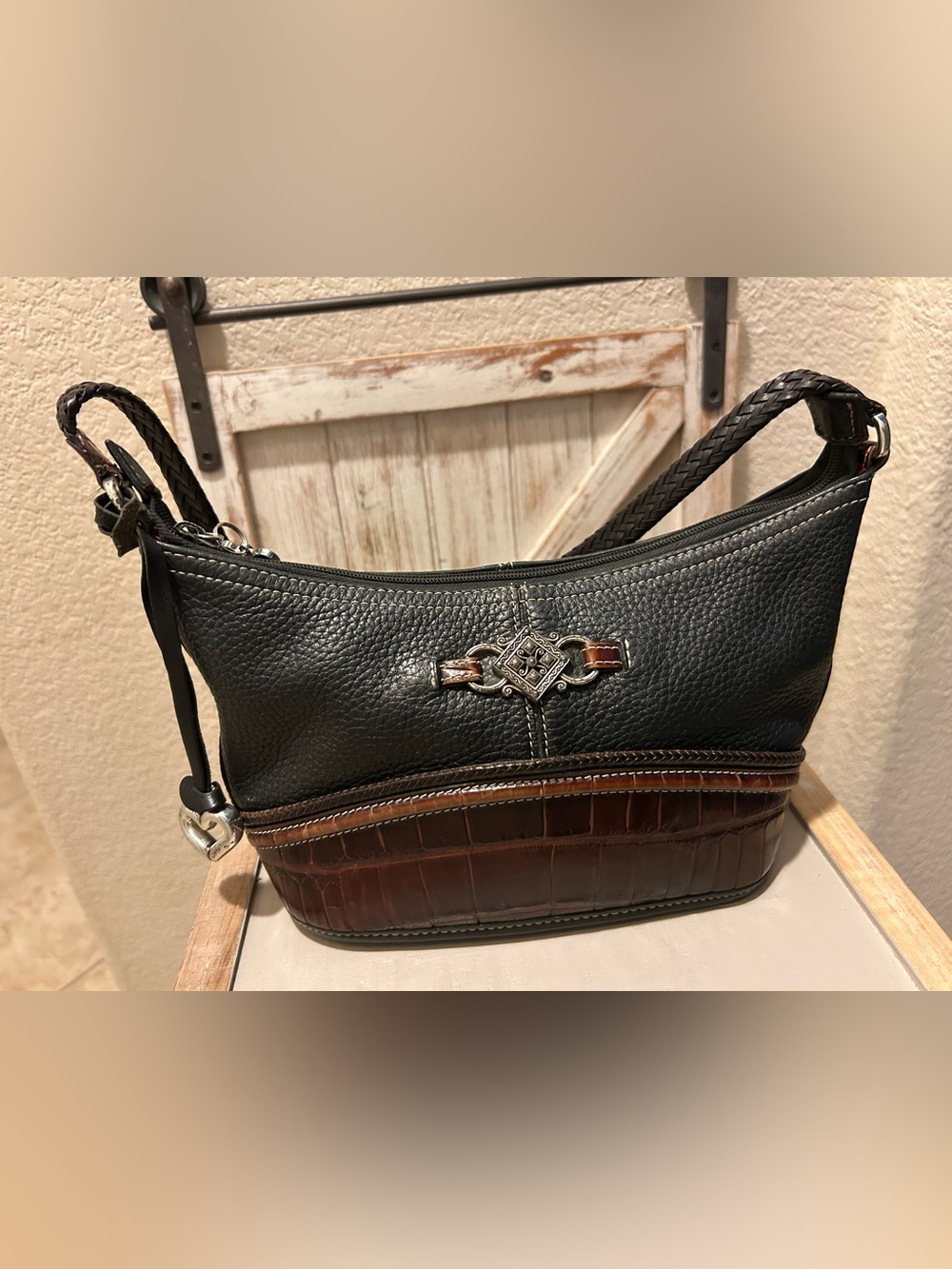 Brighton Vintage Black Pebbled Leather & Brown Croc Hobo Shoulder Bag Purse